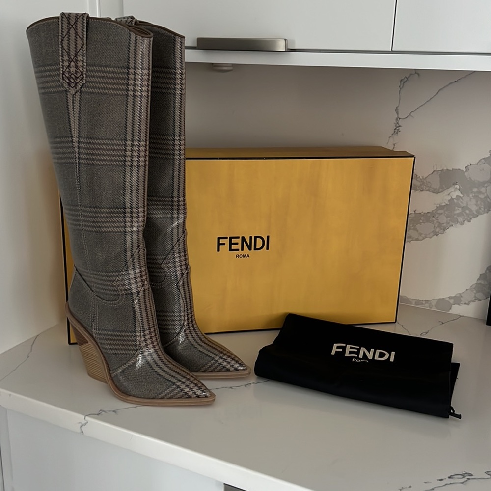 Fendi FF Western Boots Plaid Cowboy VINTAGE 💛🤠 38 7.5 8